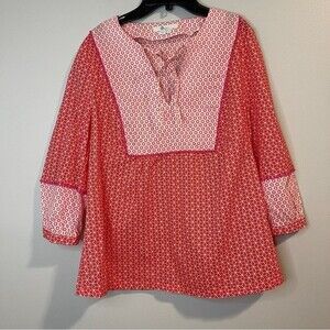 Boden Gauzy Tie Neck Top Womens Red Pullover Boho Star Print Blouse US 10